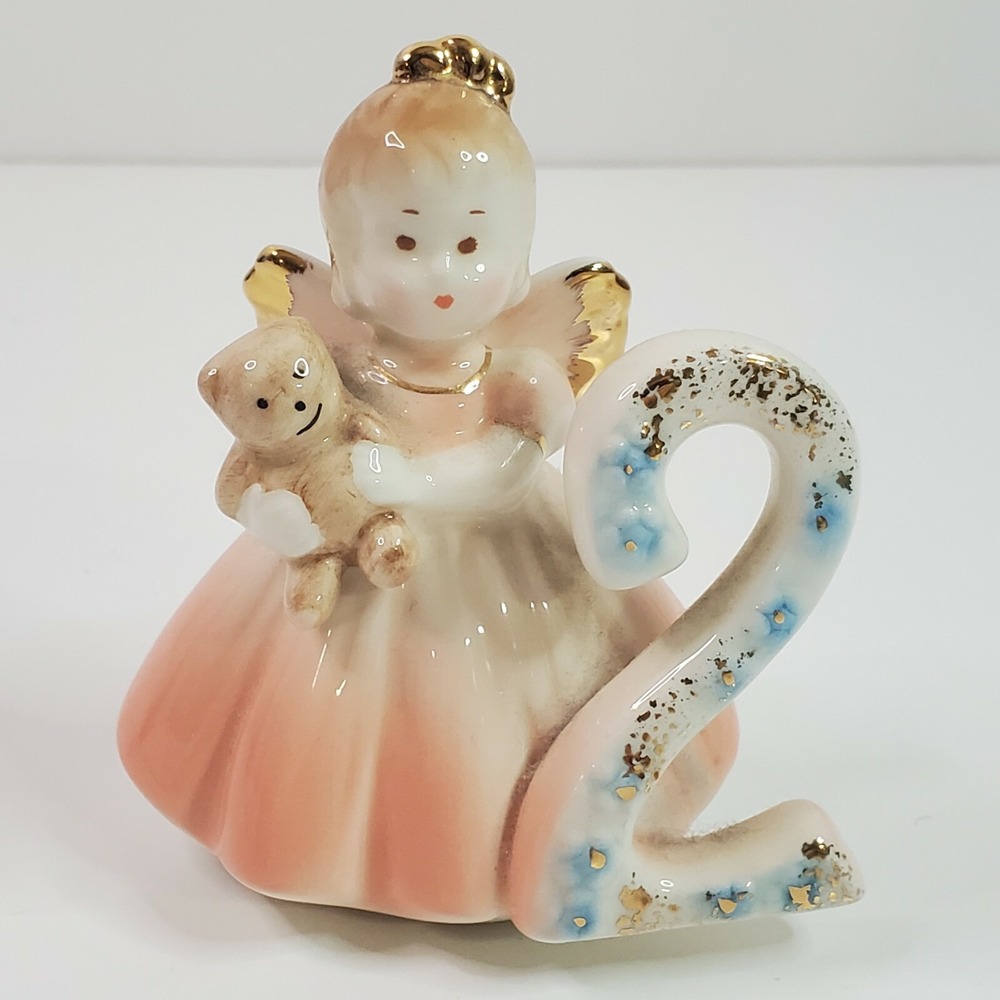 Josef Originals Angel Birthday Girl 2nd Year Ceramic Figurine Brown Eyes Bear